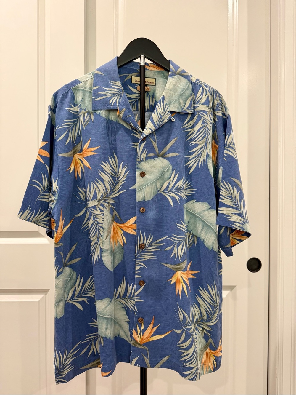 Tommy Bahama Blue Tropical Print Short-Sleeve Shirt with Orange Accents